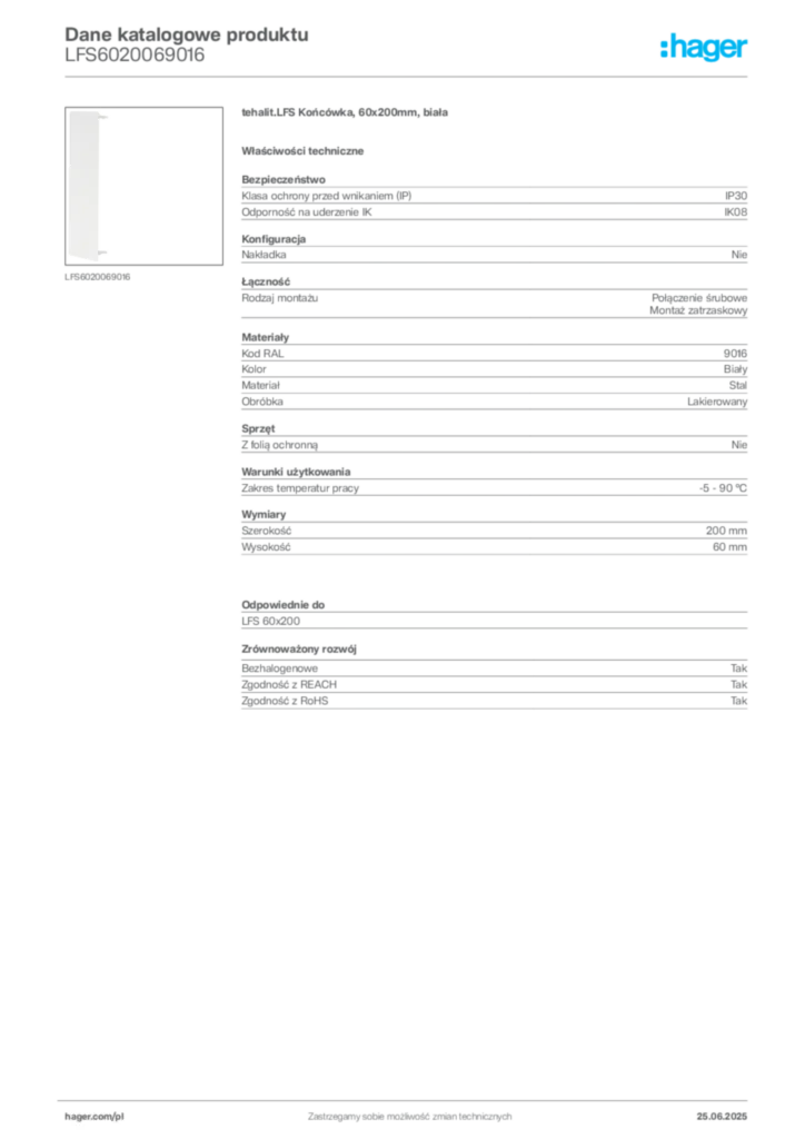 Zdjęcie Hager Dane katalogowe produktu LFS6020069016 | Hager Polska
