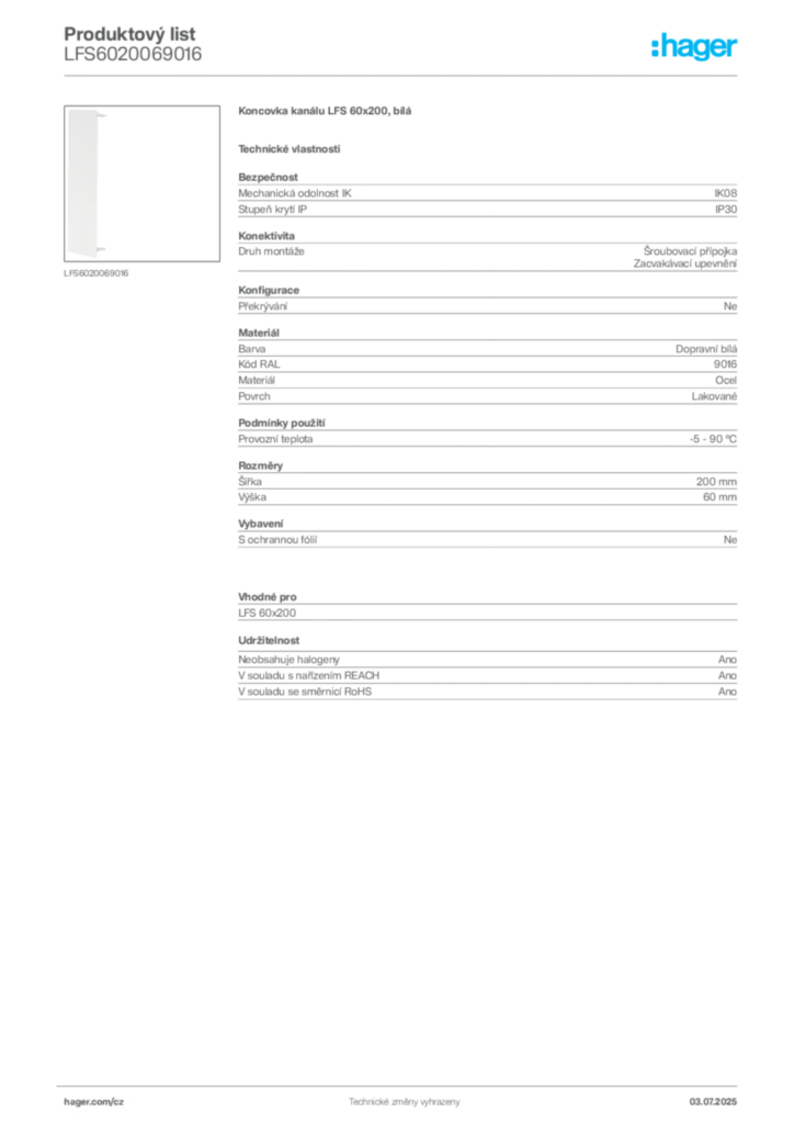 Obrázek Hager Produktový list LFS6020069016 | Hager