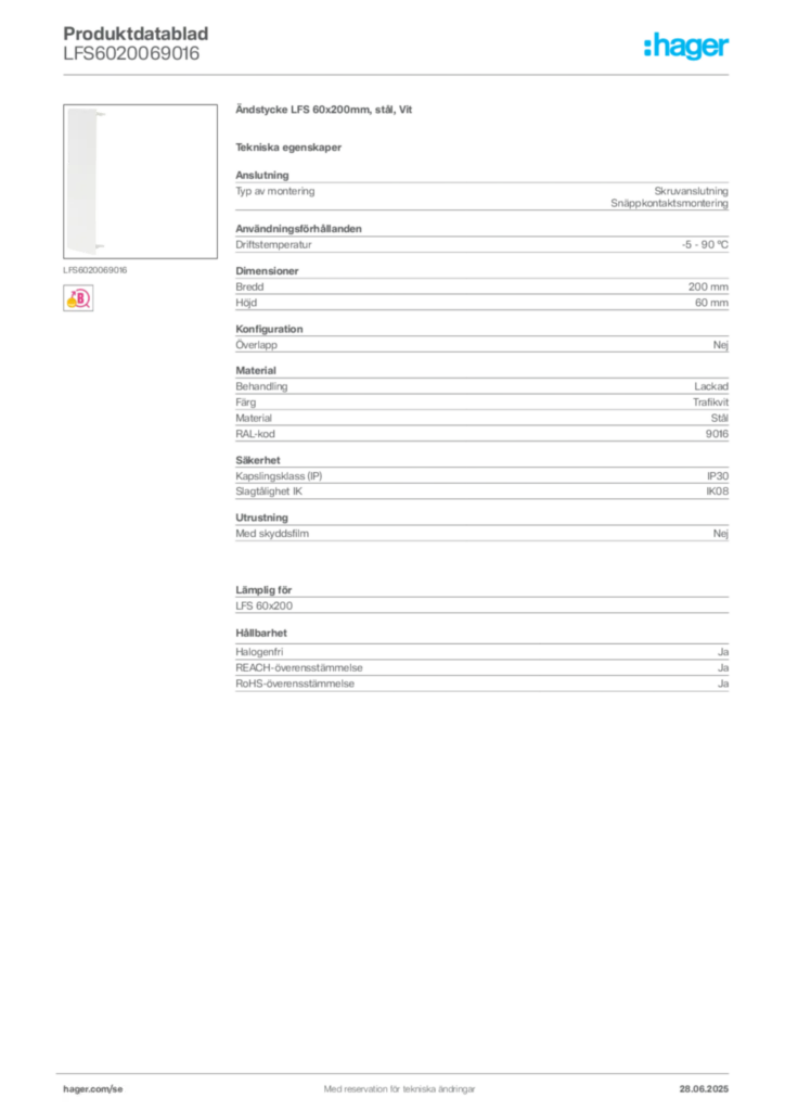 Bild Hager Produktdatablad LFS6020069016 | Hager Sverige