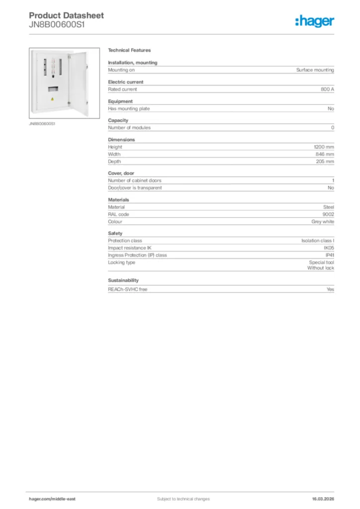 Image Hager Product data sheet JN8B00600S1  | Hager