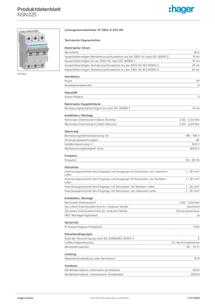 Bild Hager Produktdatenblatt NSN325 | Hager Deutschland