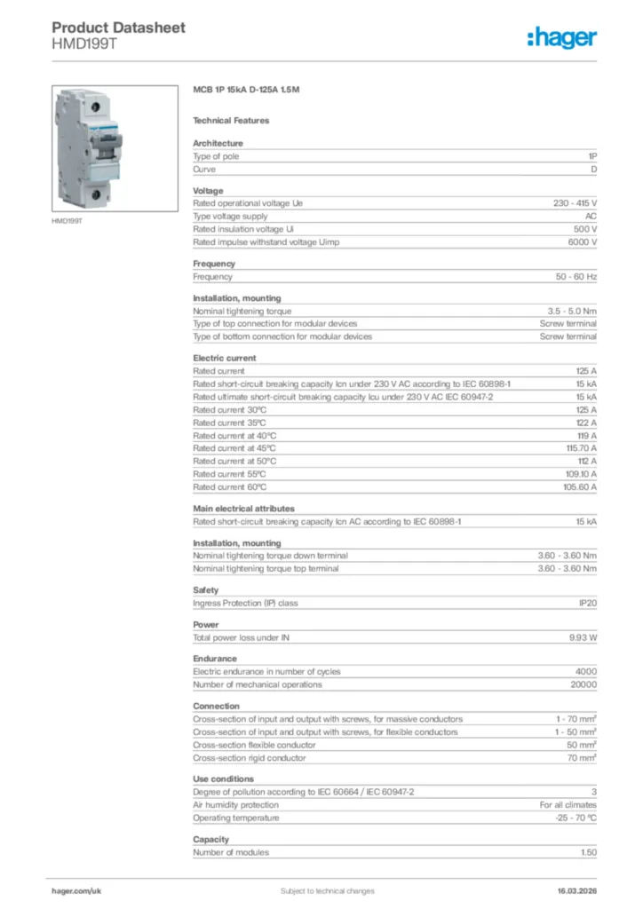 Image Hager Product data sheet HMD199T  | Hager