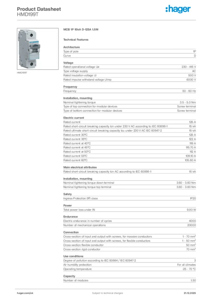 Image Hager Product data sheet HMD199T  | Hager