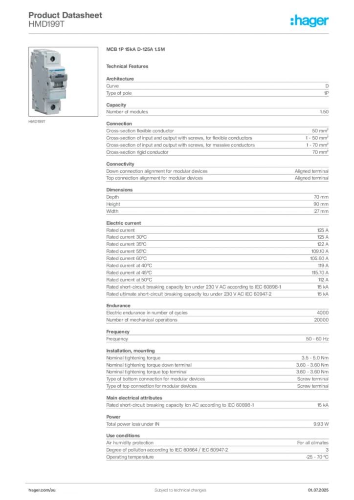 Image Hager Product data sheet HMD199T  | Hager Australia