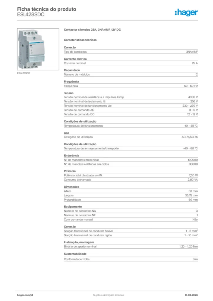 Imagem Hager Ficha técnica do produto ESL428SDC | Hager Portugal