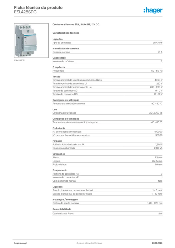 Imagem Hager Ficha técnica do produto ESL428SDC | Hager Portugal