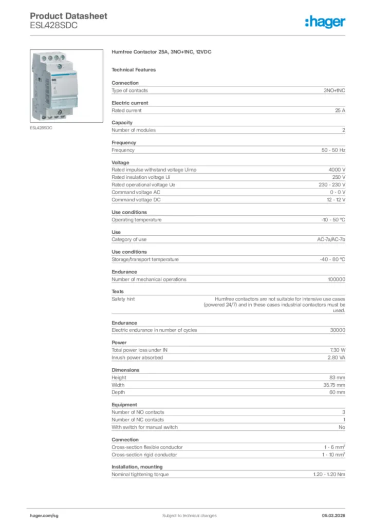 Image Hager Product data sheet ESL428SDC  | Hager