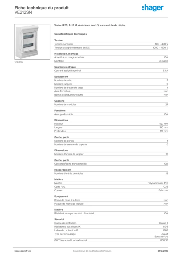 Image Hager Fiche technique du produit VE212SN | Hager Suisse