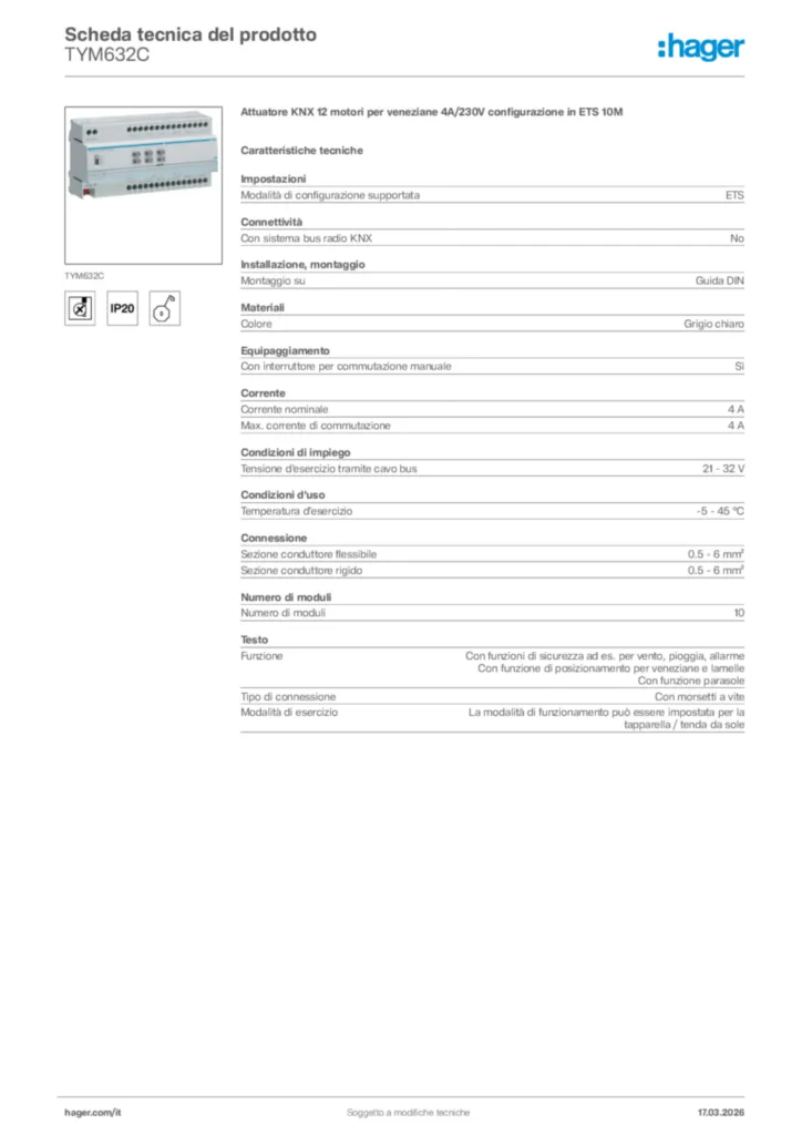 Immagine Hager Scheda tecnica del prodotto TYM632C | Hager Italia