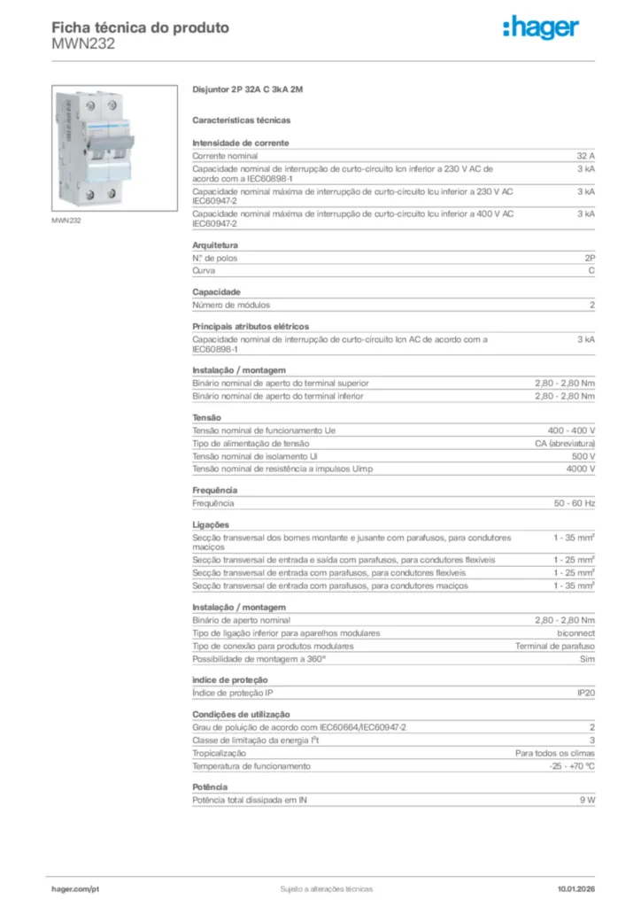 Imagem Hager Ficha técnica do produto MWN232 | Hager Portugal
