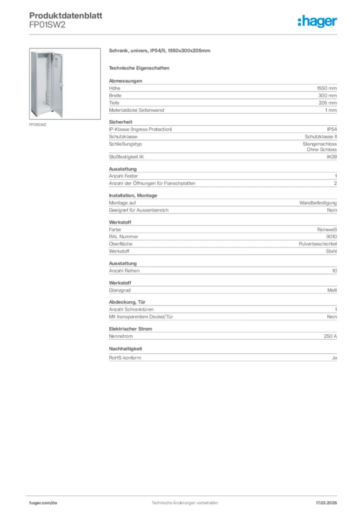 Bild Hager Produktdatenblatt FP01SW2 | Hager Deutschland