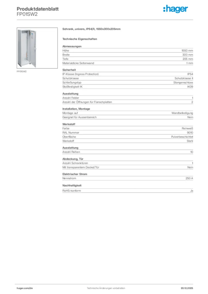 Bild Hager Produktdatenblatt FP01SW2 | Hager Deutschland