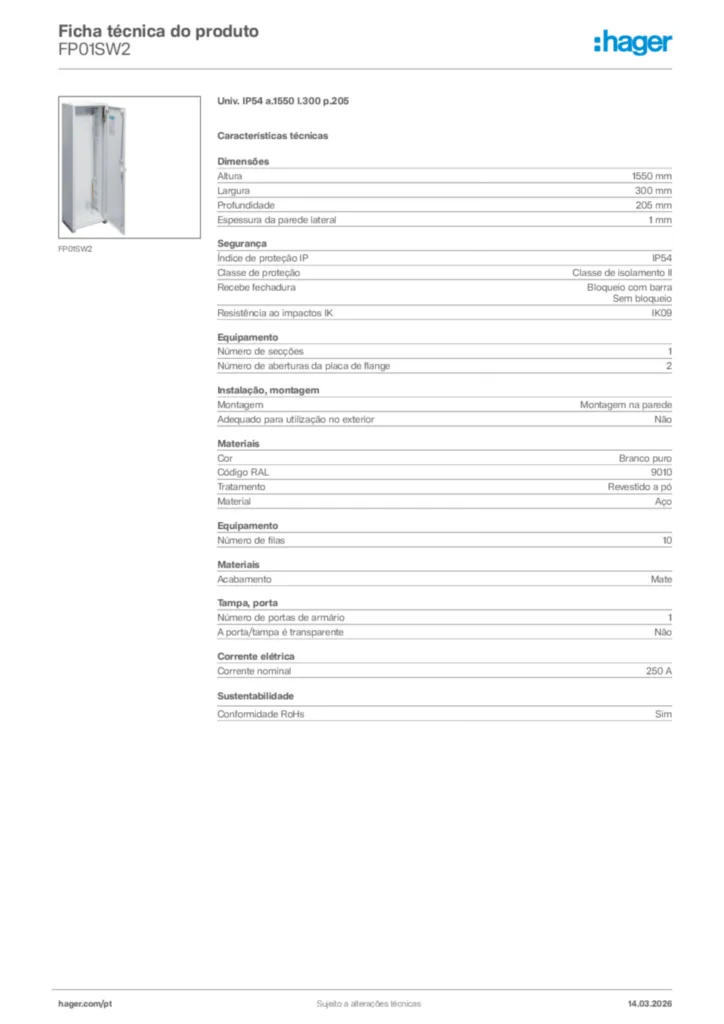 Imagem Hager Ficha técnica do produto FP01SW2 | Hager Portugal