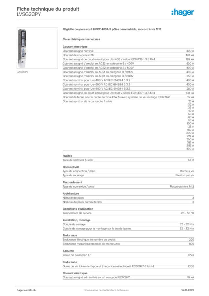 Image Hager Fiche technique du produit LVSG2CPY | Hager Suisse