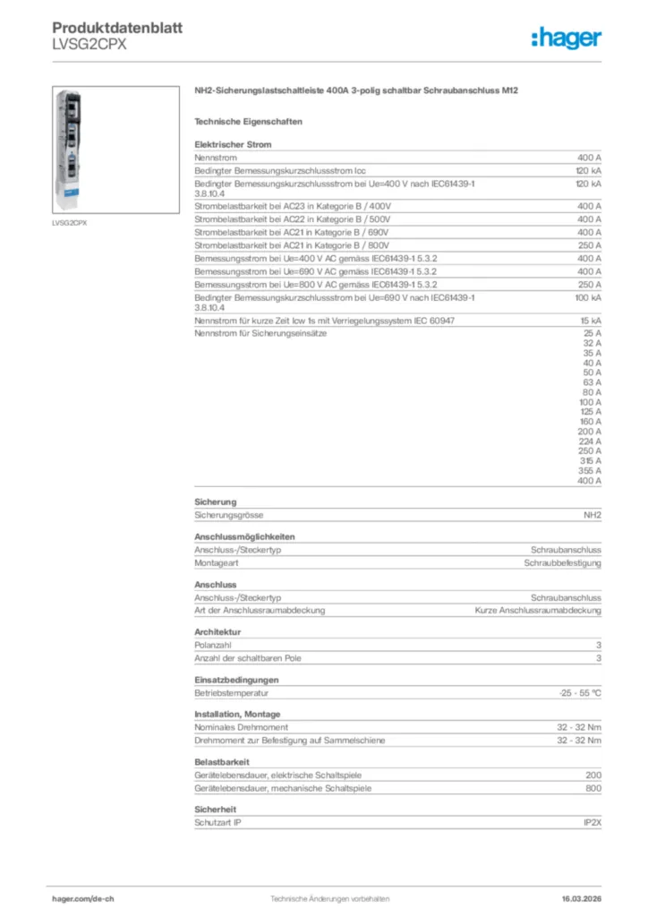 Bild Hager Produktdatenblatt LVSG2CPX | Hager Schweiz