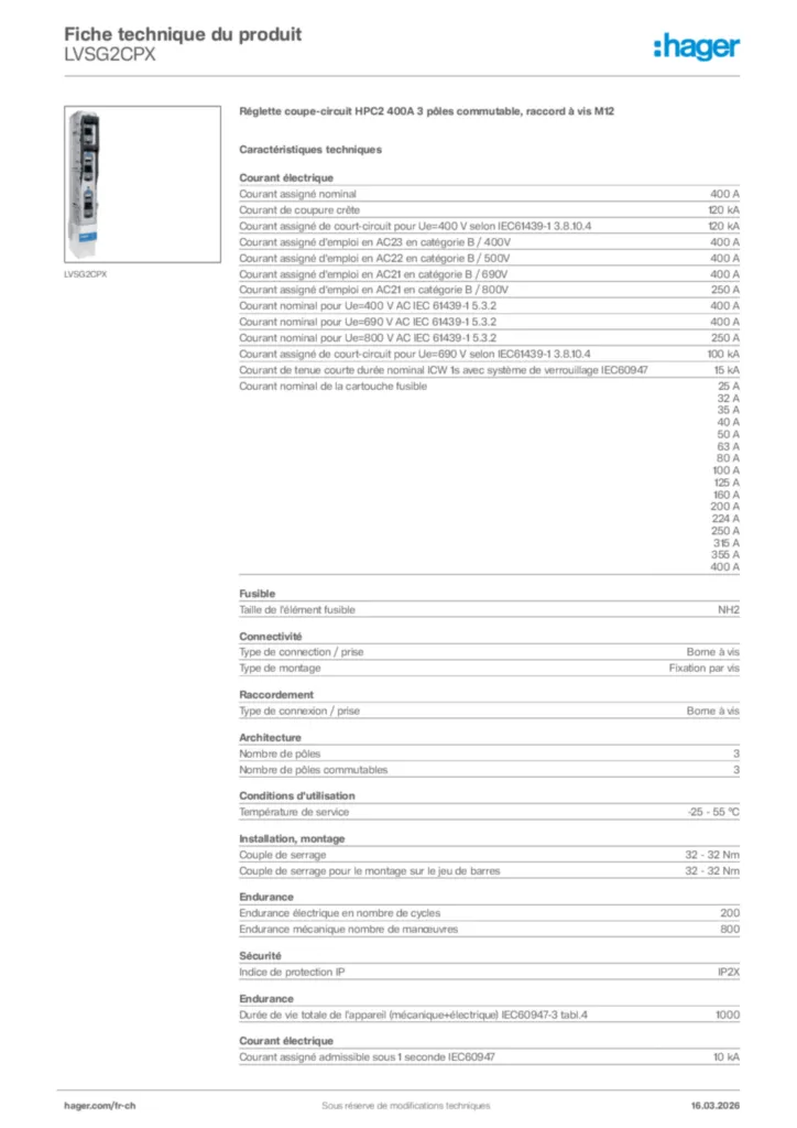 Image Hager Fiche technique du produit LVSG2CPX | Hager Suisse