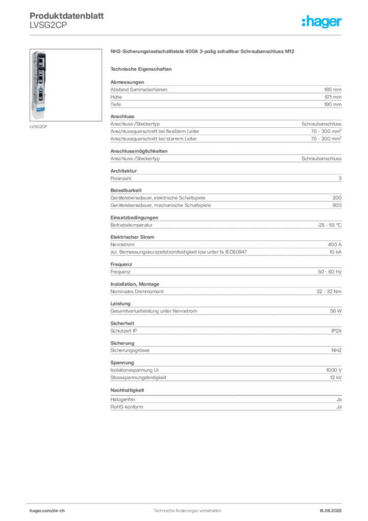 Bild Hager Produktdatenblatt LVSG2CP | Hager Schweiz