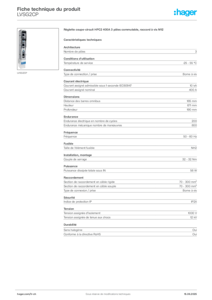 Image Hager Fiche technique du produit LVSG2CP | Hager Suisse