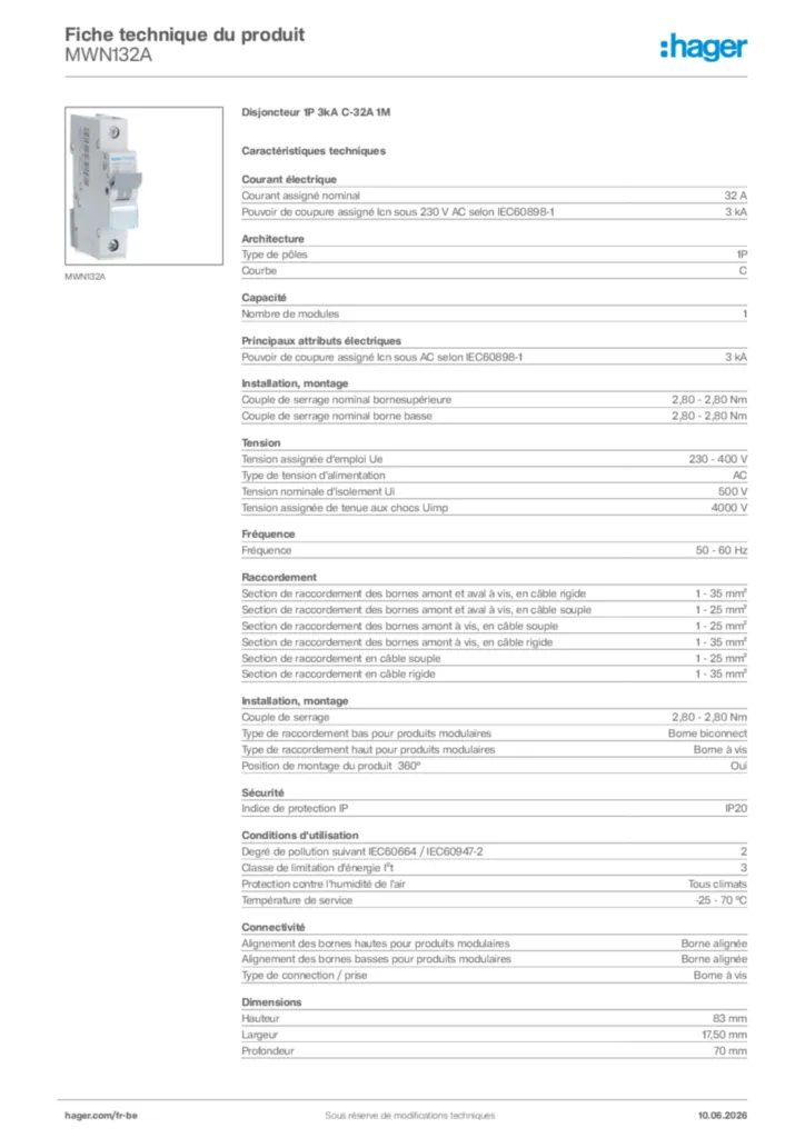 Image Hager Fiche technique du produit MWN132A | Hager Belgique