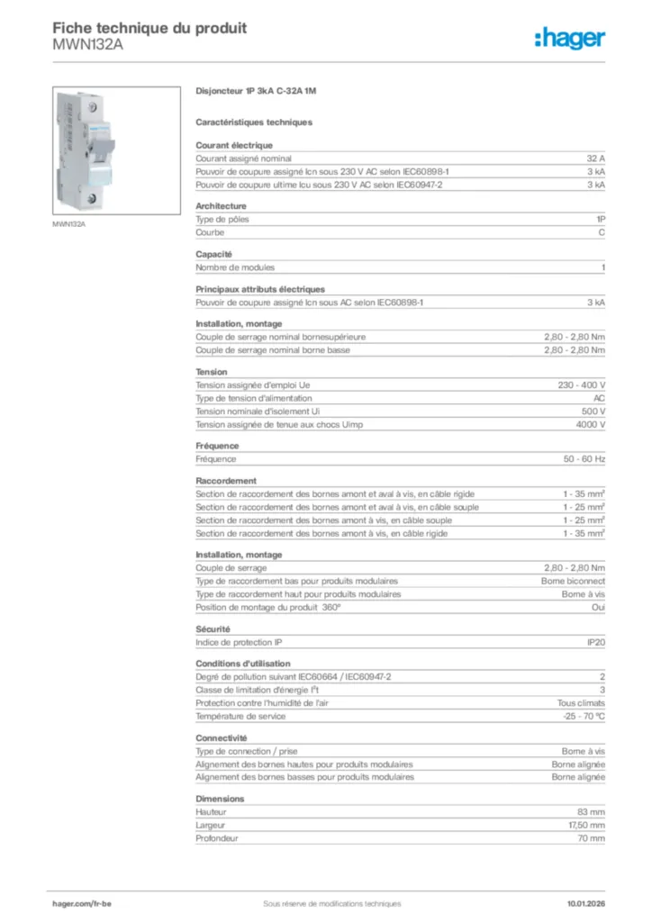 Image Hager Fiche technique du produit MWN132A | Hager Belgique