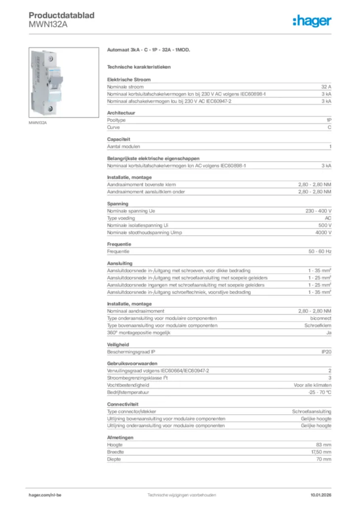 Afbeelding Hager Productdatablad MWN132A | Hager Belgium