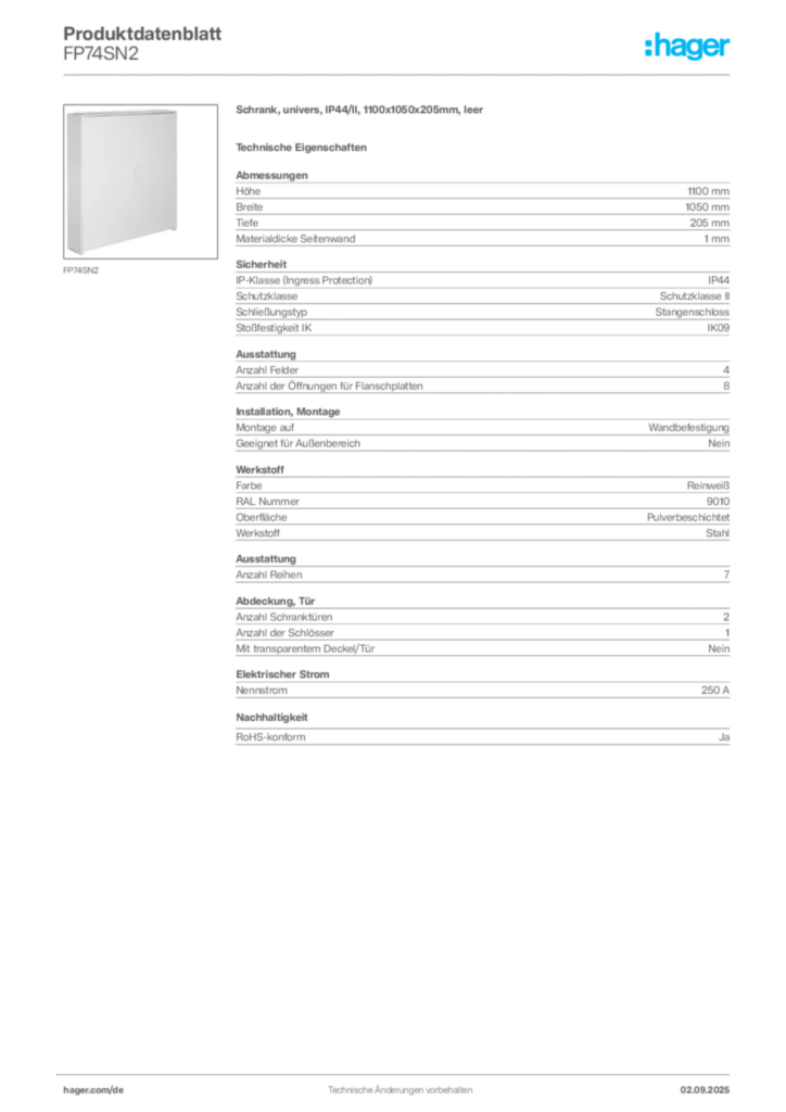 Bild Hager Produktdatenblatt FP74SN2 | Hager Deutschland