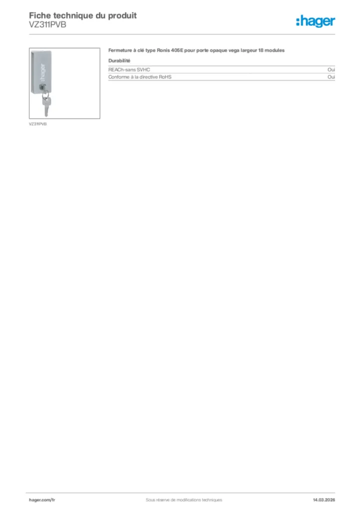 Image Hager Fiche technique du produit VZ311PVB | Hager France