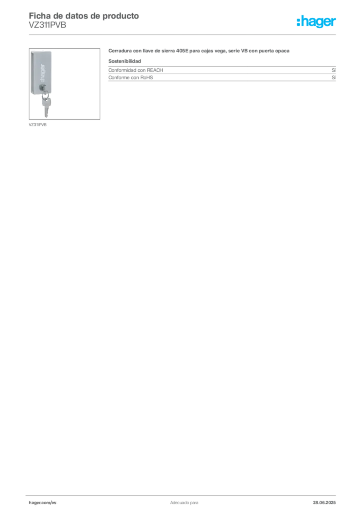 Imagen Hager Ficha de datos de producto VZ311PVB | Hager España