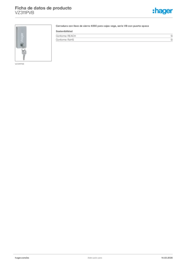 Imagen Hager Ficha de datos de producto VZ311PVB | Hager España