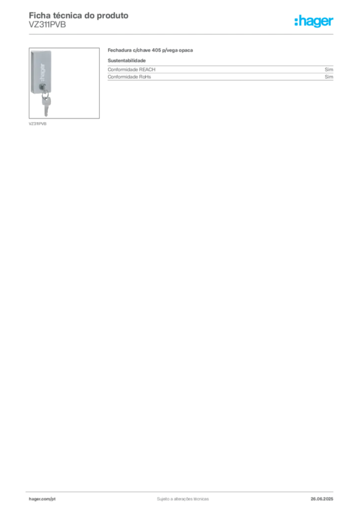Imagem Hager Ficha técnica do produto VZ311PVB | Hager Portugal