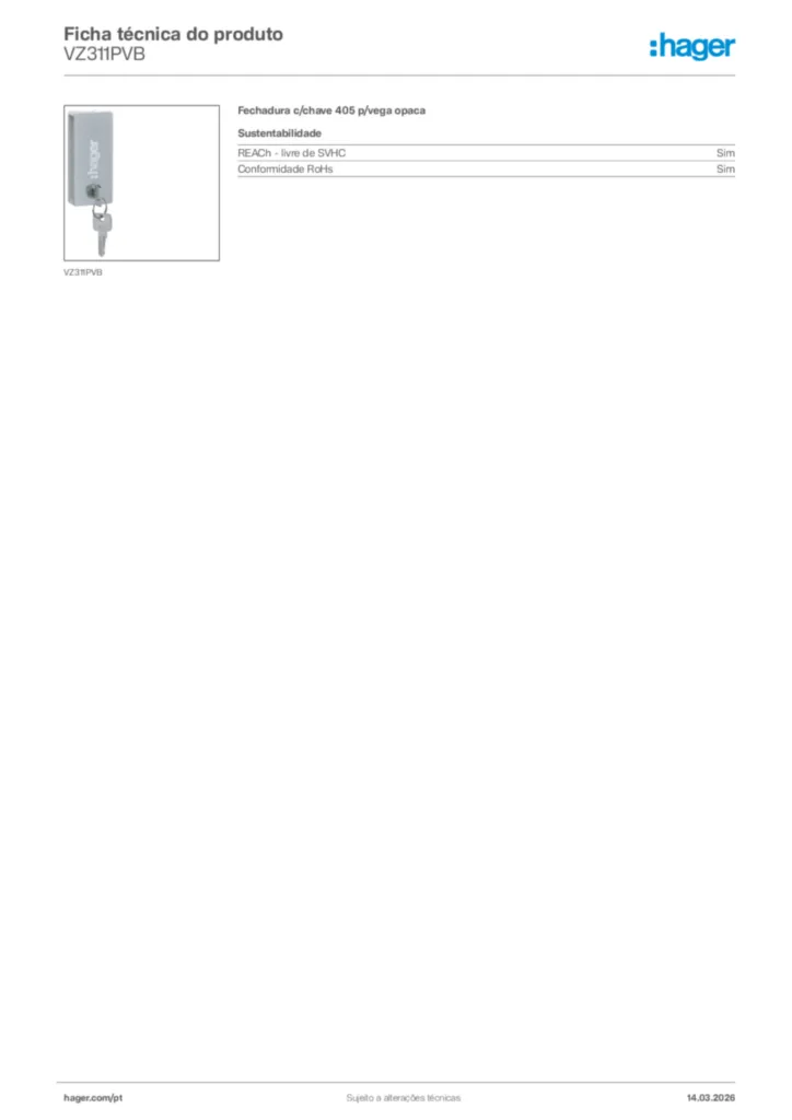 Imagem Hager Ficha técnica do produto VZ311PVB | Hager Portugal
