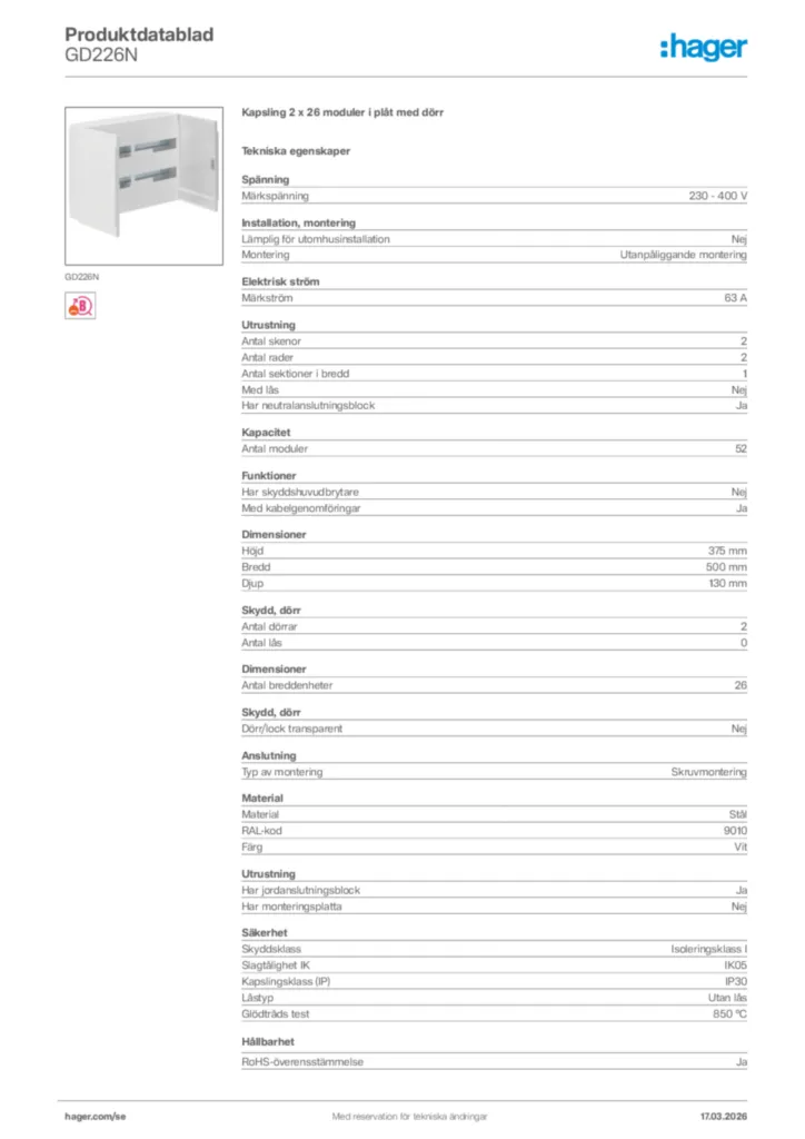 Bild Hager Produktdatablad GD226N | Hager Sverige