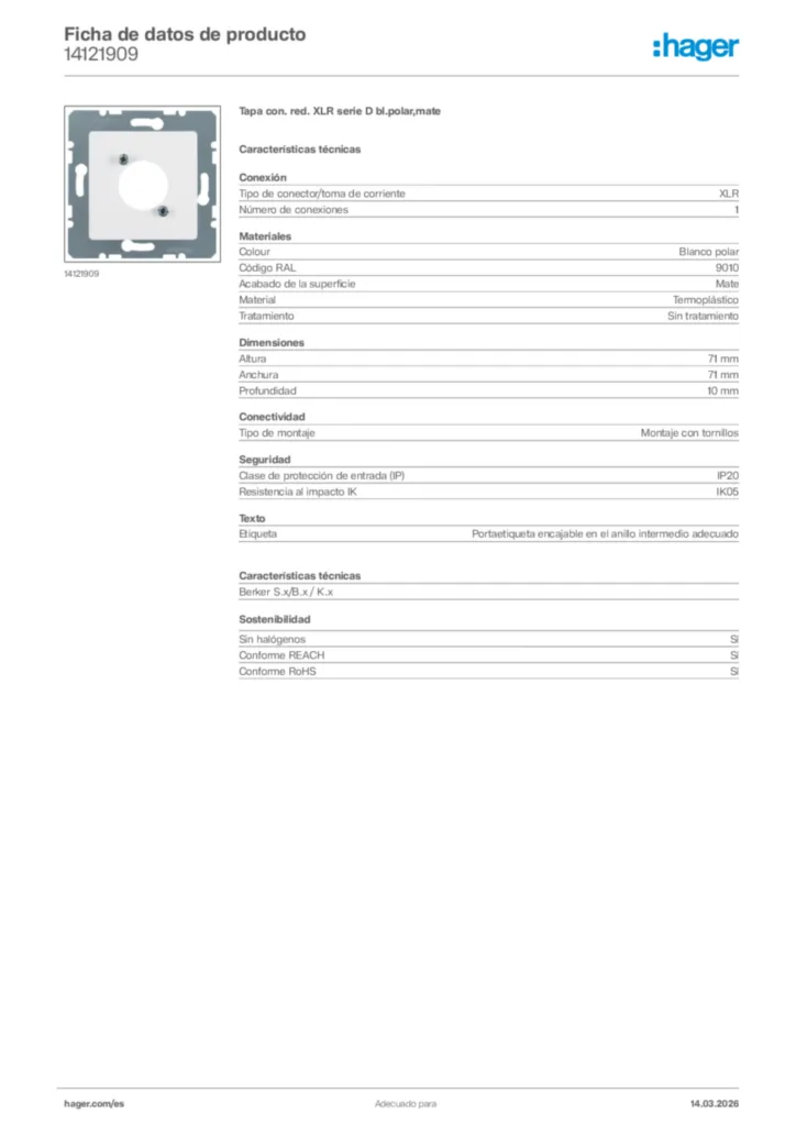 Imagen Hager Ficha de datos de producto 14121909 | Hager España