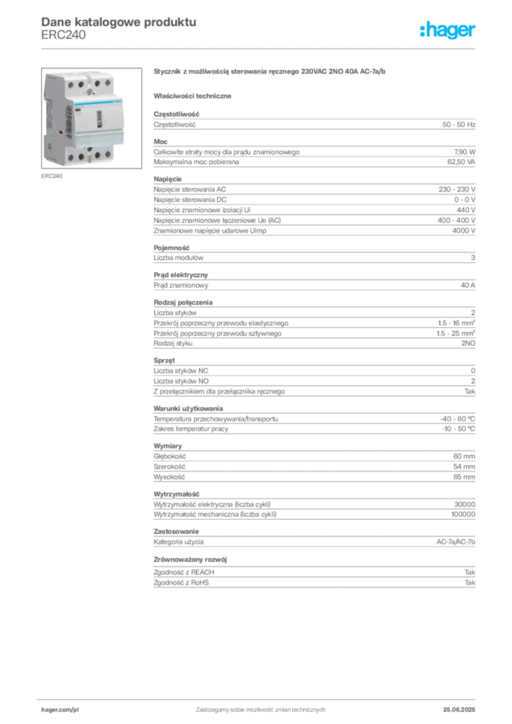 Zdjęcie Hager Product data sheet ERC240 | Hager Polska