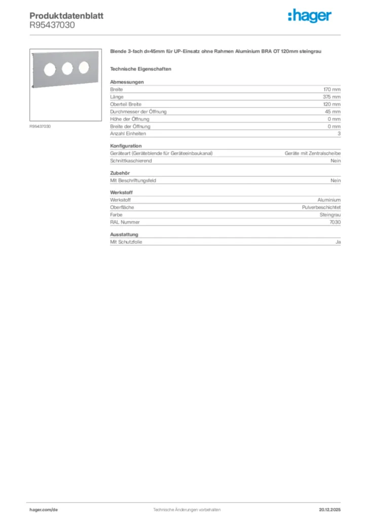 Bild Hager Produktdatenblatt R95437030 | Hager Deutschland