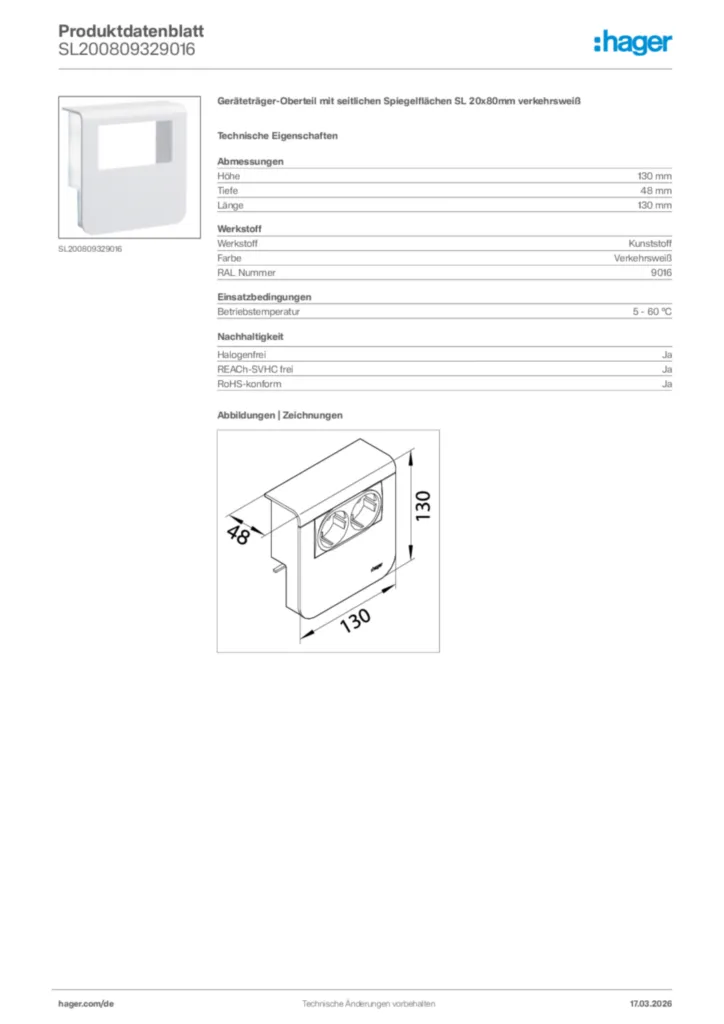 Bild Hager Produktdatenblatt SL200809329016 | Hager Deutschland