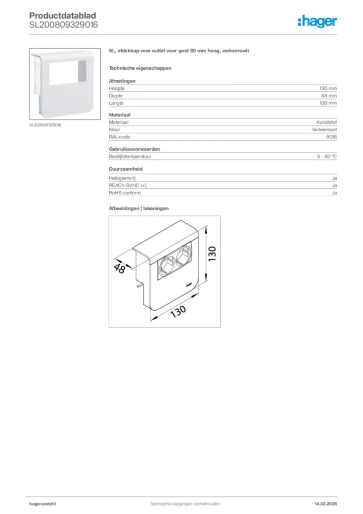 Afbeelding Hager Productdatablad SL200809329016 | Hager Nederland