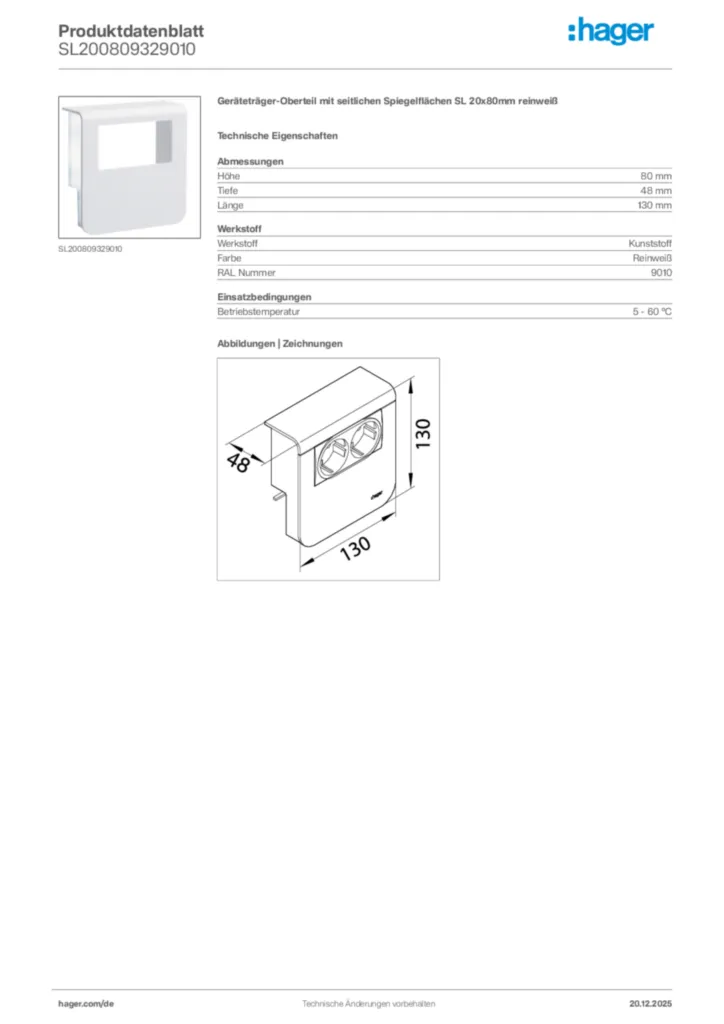 Bild Hager Produktdatenblatt SL200809329010 | Hager Deutschland