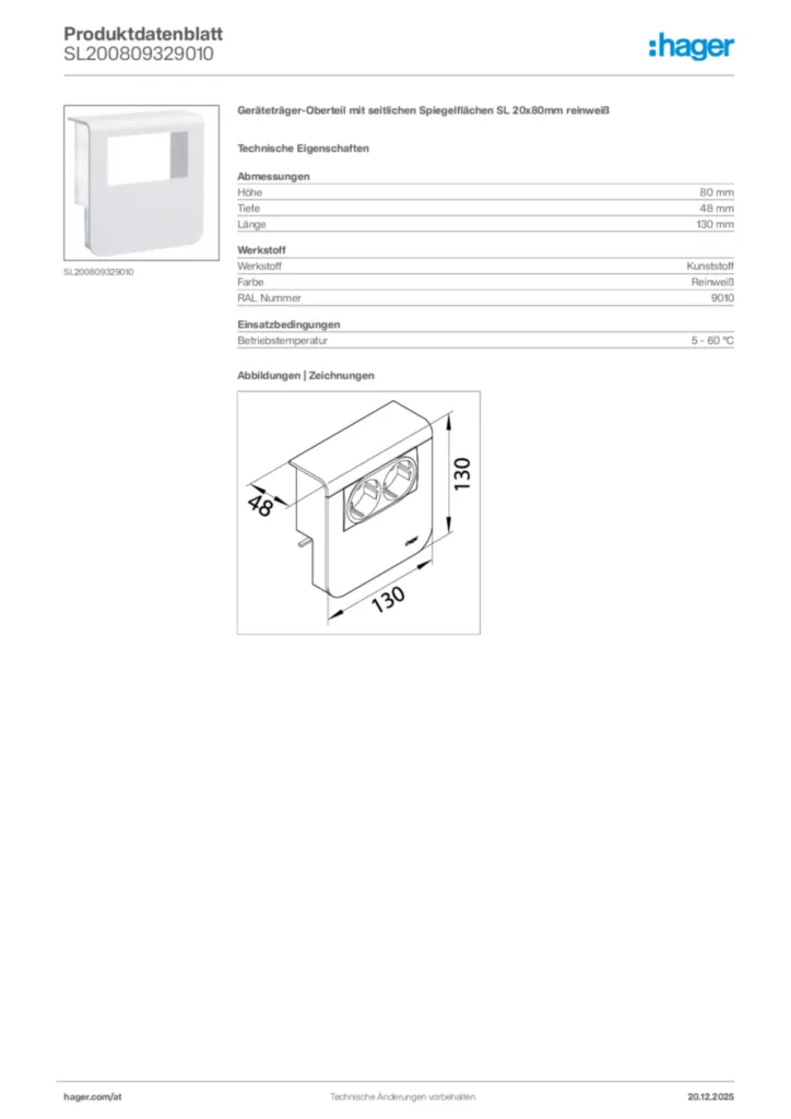 Bild Hager Produktdatenblatt SL200809329010 | Hager Deutschland