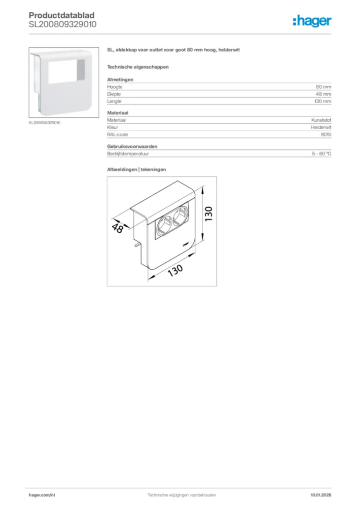 Afbeelding Hager Productdatablad SL200809329010 | Hager Nederland