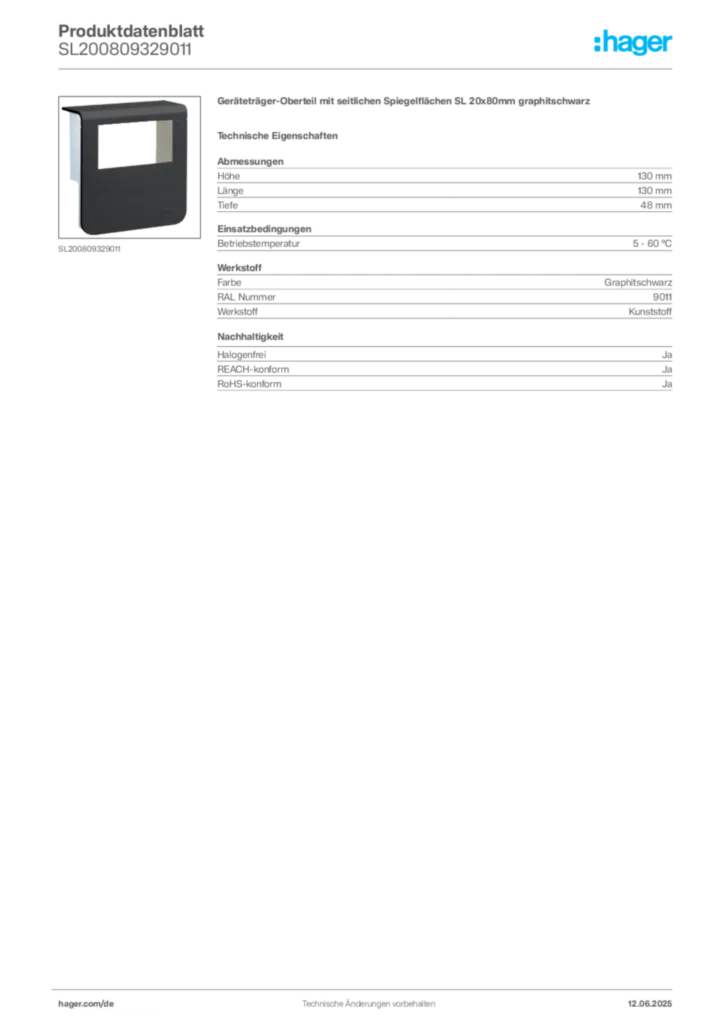 Bild Hager Produktdatenblatt SL200809329011 | Hager Deutschland