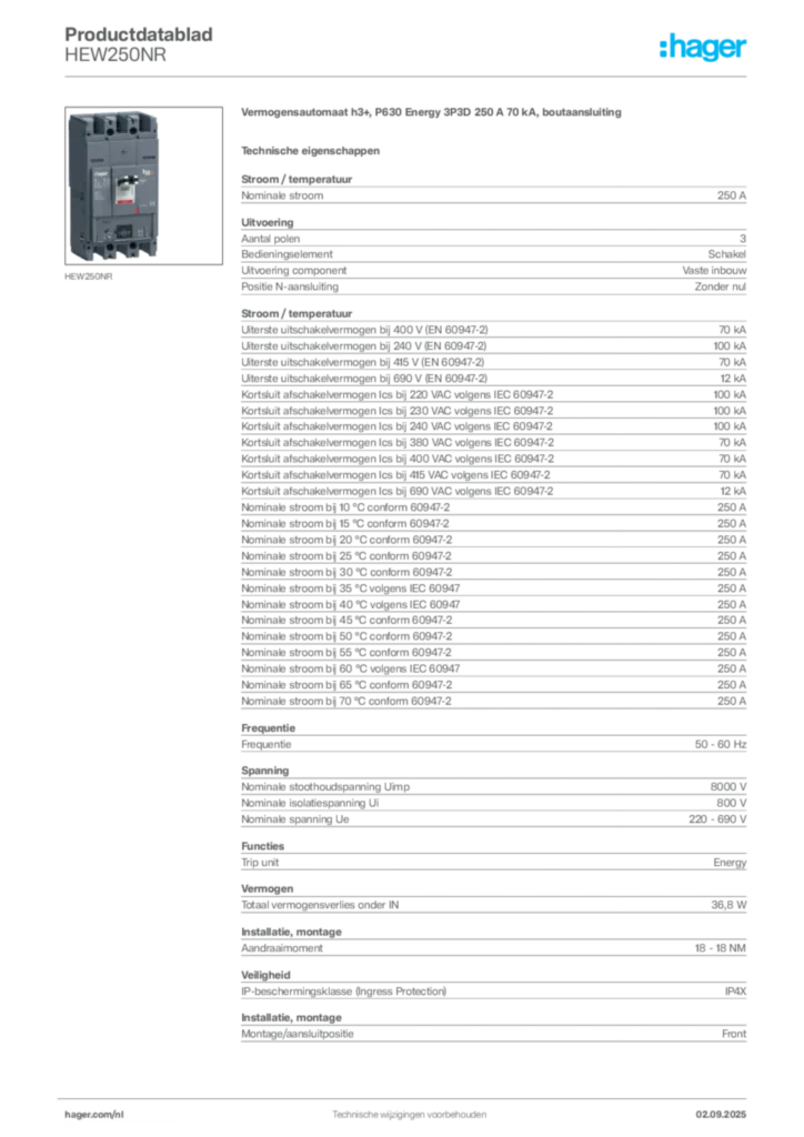 Afbeelding Hager Productdatablad HEW250NR | Hager Nederland