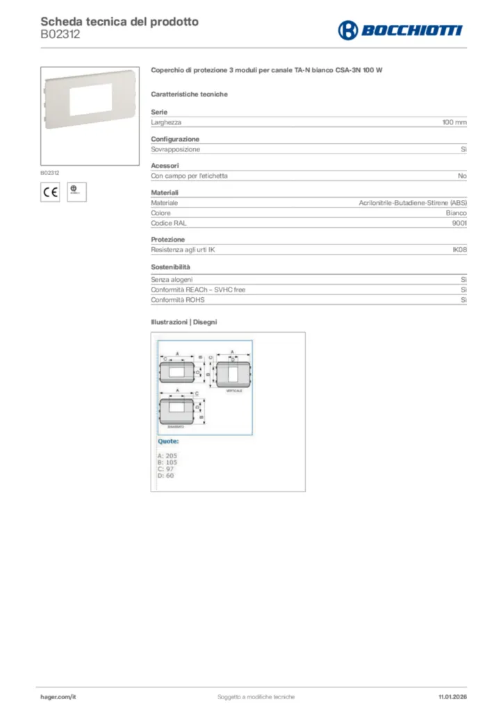 Immagine Bocchiotti Scheda tecnica del prodotto B02312 | Hager Italia