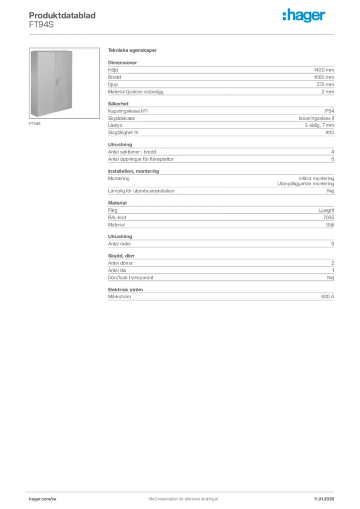 Bild Hager Produktdatablad FT94S | Hager Sverige