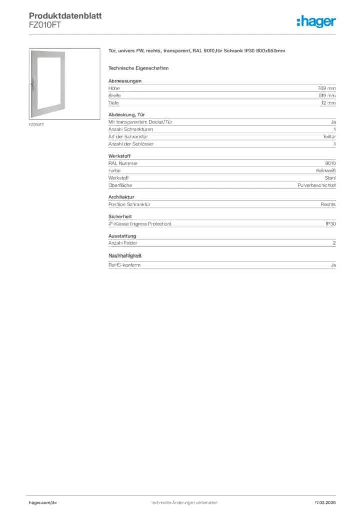 Bild Hager Produktdatenblatt FZ010FT | Hager Deutschland