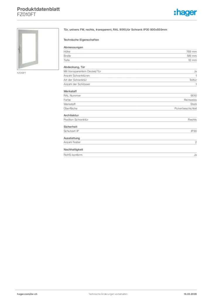 Bild Hager Produktdatenblatt FZ010FT | Hager Schweiz
