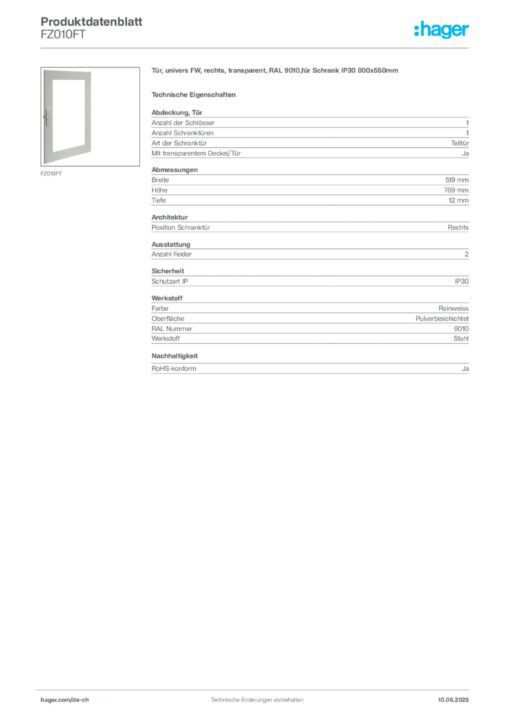 Bild Hager Produktdatenblatt FZ010FT | Hager Schweiz