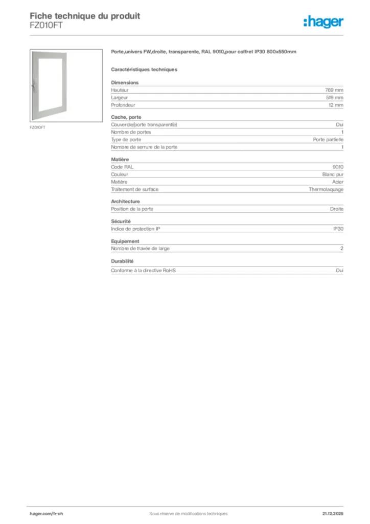 Image Hager Fiche technique du produit FZ010FT | Hager Suisse