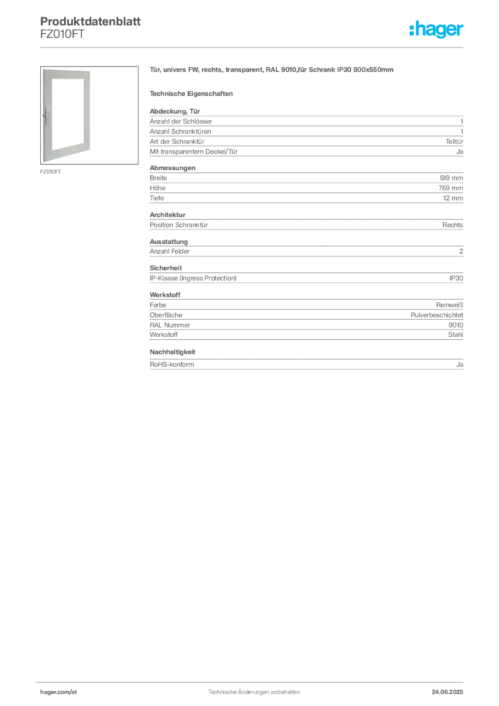 Bild Hager Produktdatenblatt FZ010FT | Hager Deutschland