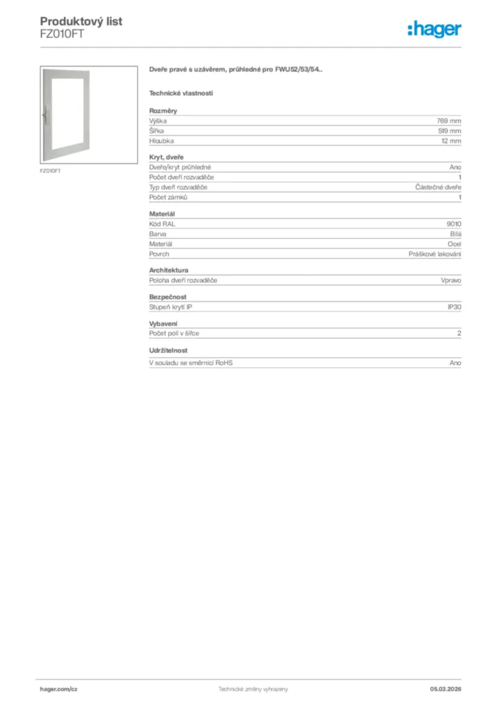 Obrázek Hager Product data sheet FZ010FT | Hager